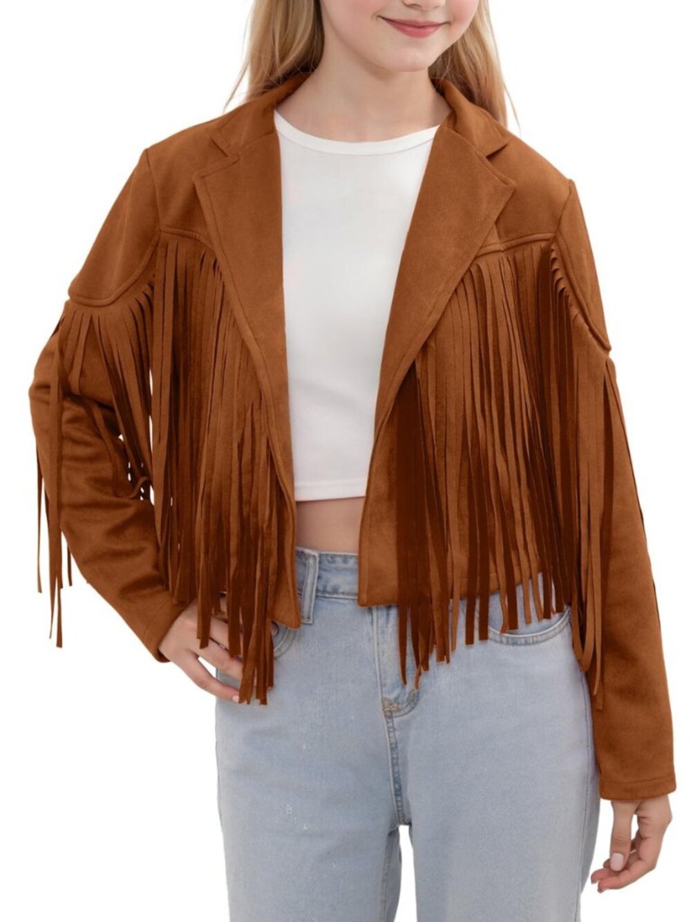 Girls Fringe Faux Suede Leather Jackets Kids Western Tassels Motorcycle Cardigan
